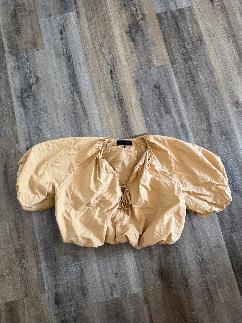 Zara Beige Puff Sleeve Drawstring Blouse